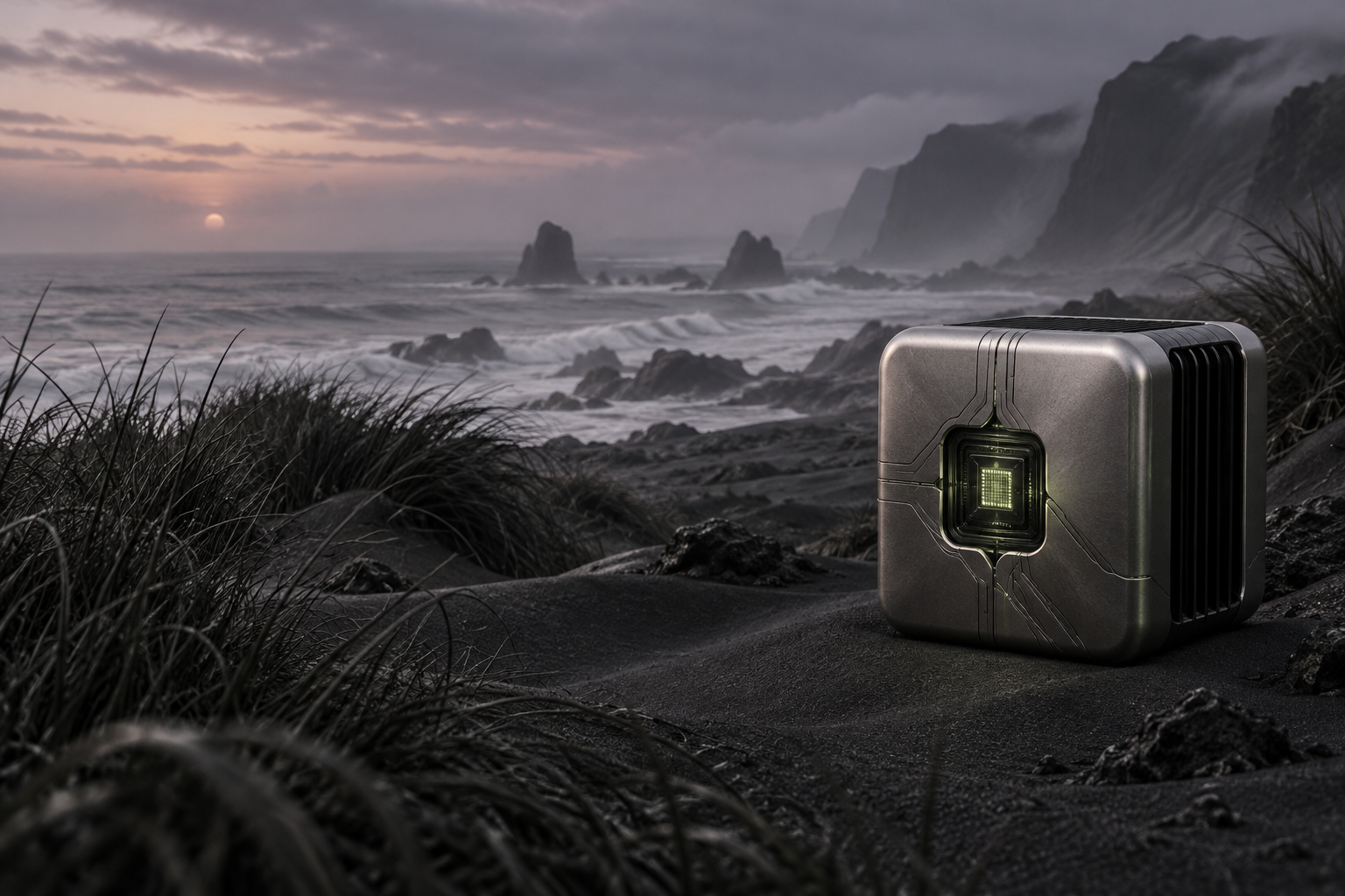 A titanium mining rig on a quiet coastal landscape